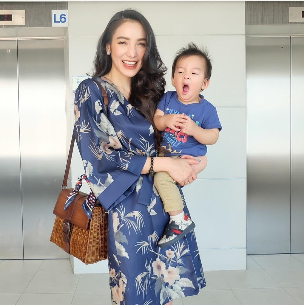 Pat with her son get ready for going with LENE wicker bag