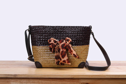 Woven Seagrass pouch bag with ribbon (two tones)